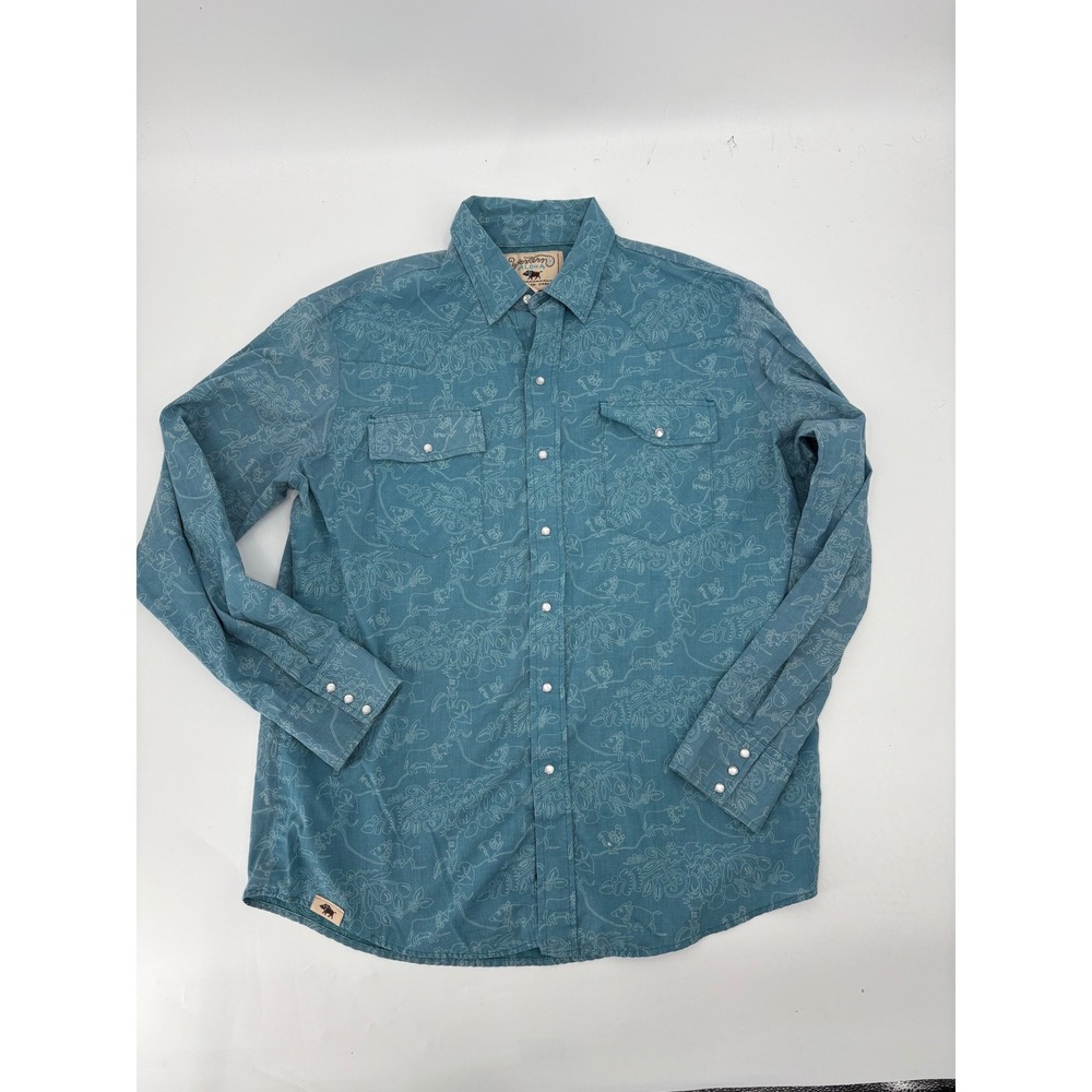 Western Aloha Mens XL Pearl Snap Shirt Teal Blue Tropical Animal Print Western